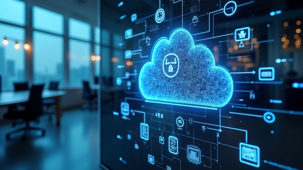 Cloud infrastructure visualization showing connected nodes and data flows, network topology diagram with servers, databases, and security layers, digital network connections in modern office setting