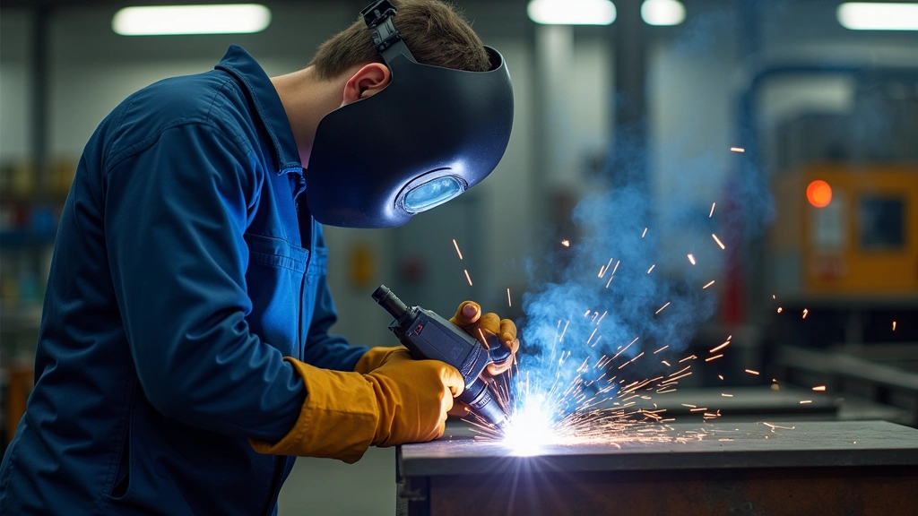 Professional vocational student in welding gear working on metal joint with welding torch in modern shop, sparks flying, protective equipment visible, industrial setting