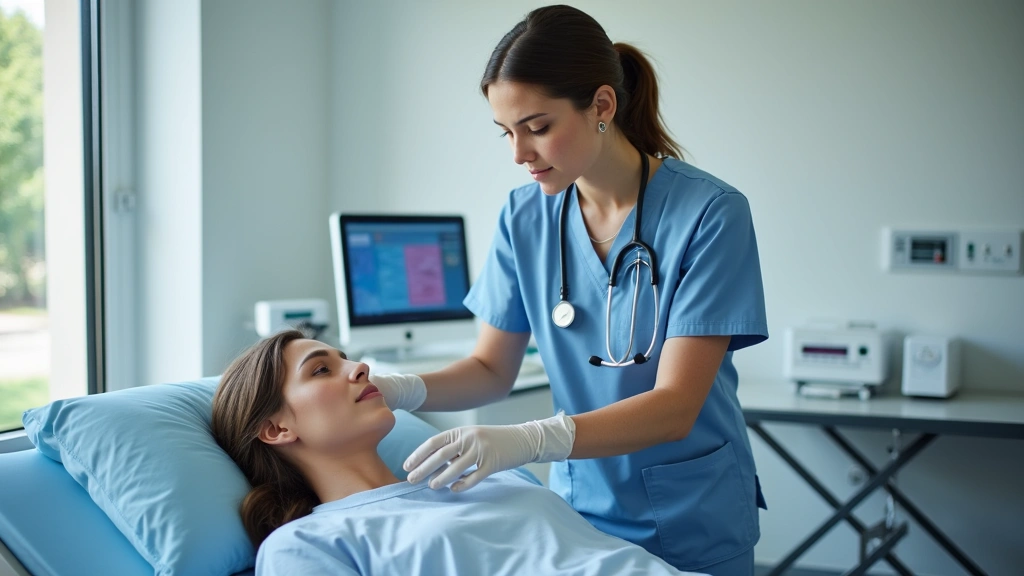 Healthcare vocational student in scrubs practicing patient care procedures on medical mannequin in clinical simulation lab with hospital equipment in background