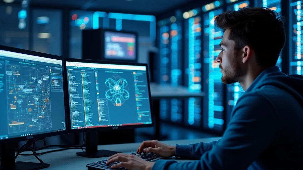IT vocational student at workstation with multiple monitors displaying network diagrams and cybersecurity dashboards in modern computer lab with server equipment