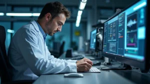 Professional technician working on advanced electronics equipment in modern laboratory setting with precision tools and measuring instruments, concentrated focus on technical work