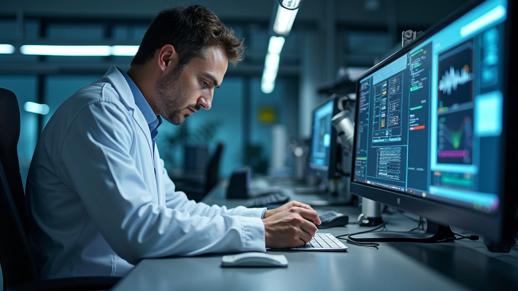 Professional technician working on advanced electronics equipment in modern laboratory setting with precision tools and measuring instruments, concentrated focus on technical work