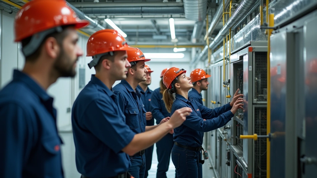Group of diverse students in safety equipment collaborating on HVAC system installation in bright, well-equipped technical training facility with modern equipment