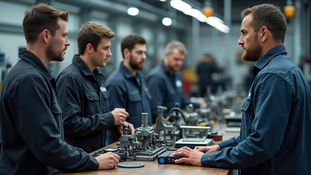 Experienced instructor demonstrating industrial machinery operation to attentive students in state-of-the-art technical workshop with professional-grade tools and diagnostic equipment