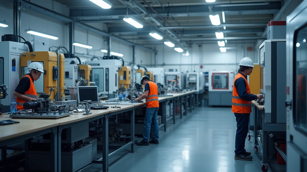 Modern technical education laboratory with CNC machining equipment, precision tools, and students in safety gear working on industrial machinery, bright professional lighting, clean facility environment