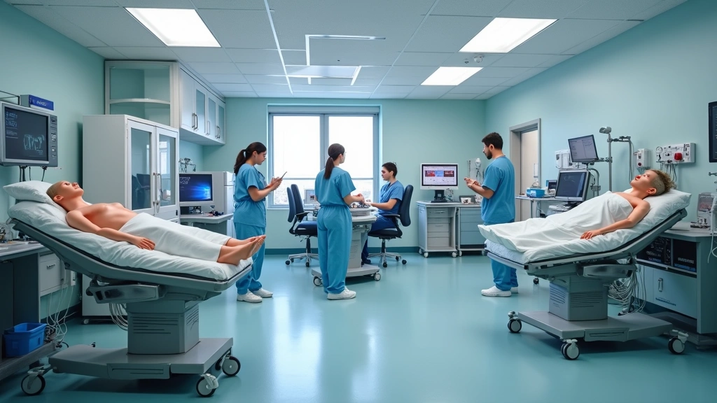 Healthcare simulation lab with anatomical training manikins, electronic health record computers, medical equipment stations, and realistic clinical environment setup demonstrating hands-on medical training