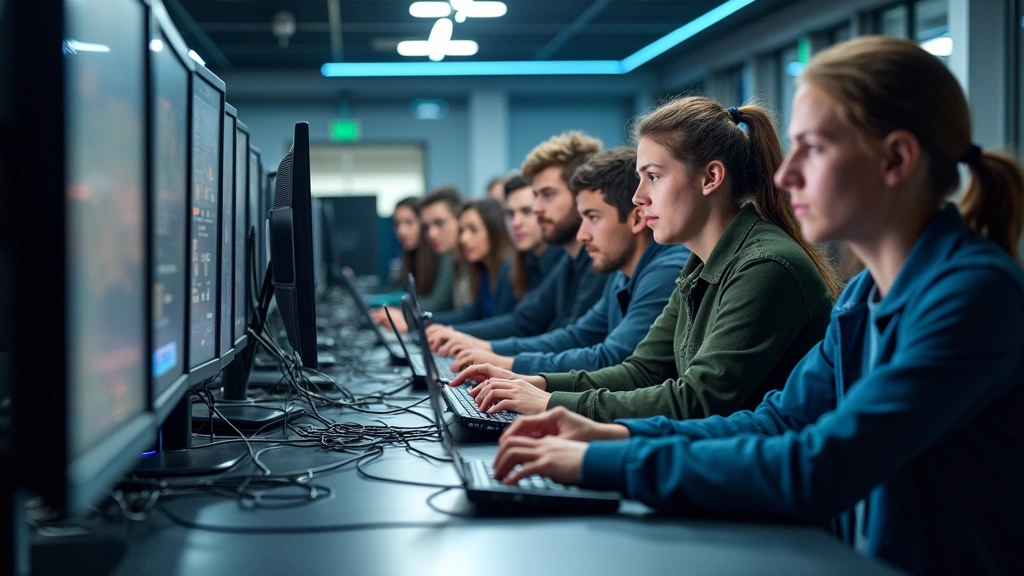 Diverse group of technical education students in a networking or IT lab environment with servers, networking equipment, and computer workstations, collaborative learning atmosphere, professional technical setting