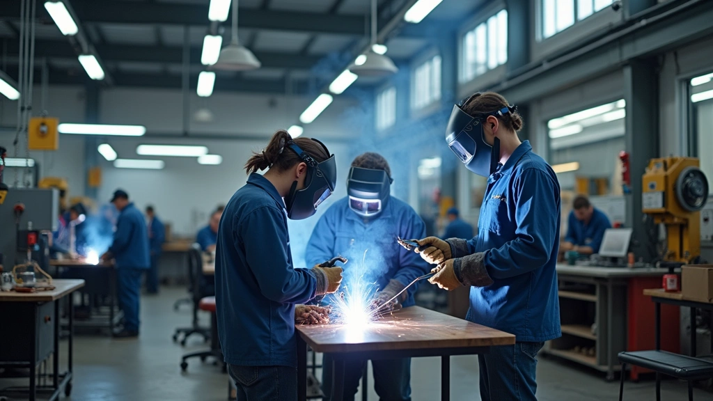 Modern technical college classroom with students using advanced welding equipment and safety gear, industrial workshop setting with bright overhead lighting and metal workstations