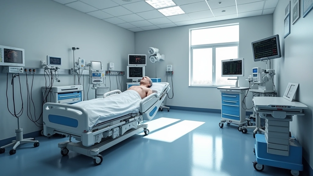 Healthcare simulation lab featuring medical training mannequins, hospital beds, diagnostic equipment, and clinical monitoring systems in realistic hospital room environment