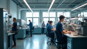 Modern technical education laboratory with students working on industrial equipment and machinery, bright lighting, professional workshop environment, no visible text or branding