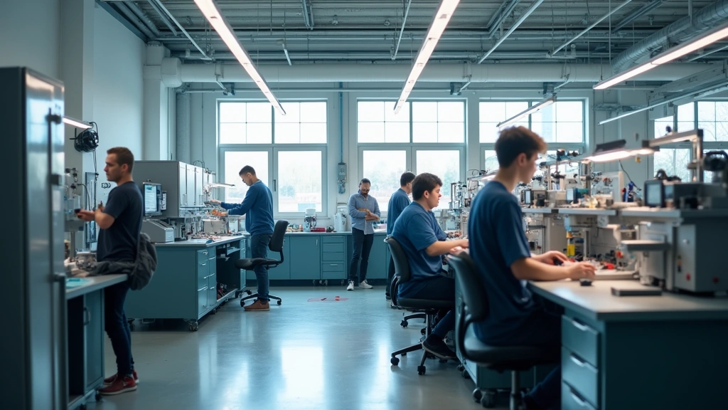 Modern technical education laboratory with students working on industrial equipment and machinery, bright lighting, professional workshop environment, no visible text or branding