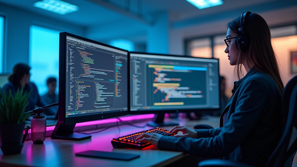 Modern computer workstation with dual monitors displaying software development environment, RGB keyboard and mouse, professional desk setup in bright educational facility
