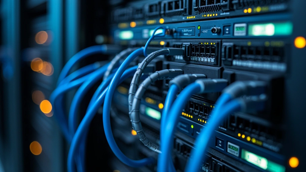 Networking equipment rack with Cisco switches and routers, fiber optic cables, LED indicators glowing, professional data center style installation in campus lab