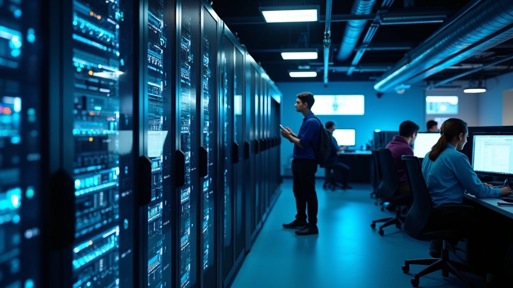 Modern tech lab with students working on networking equipment and computer servers, professional educational environment with blue lighting and contemporary workstations