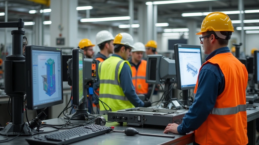 Hands-on manufacturing facility with precision machinery and CAD workstations, students in safety gear operating industrial equipment under instructor guidance