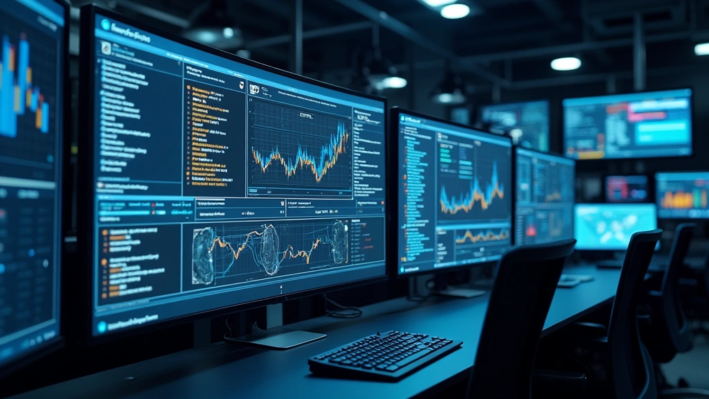 Cybersecurity operations center with multiple monitoring screens displaying network data, professional IT environment with server racks and network infrastructure