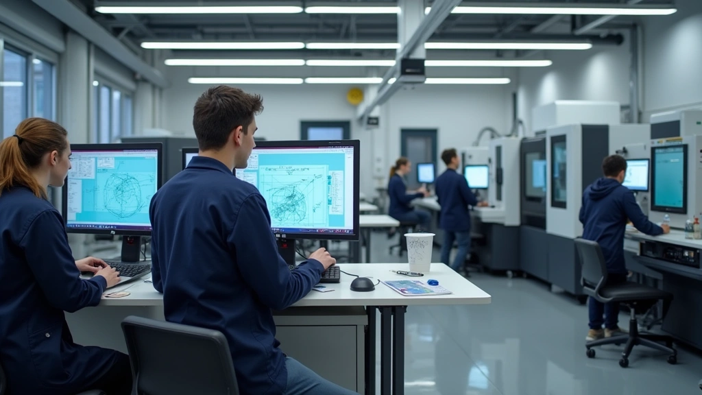 Modern vocational training facility with students operating CNC machines and computer-aided design workstations, industrial equipment visible, bright professional workshop environment