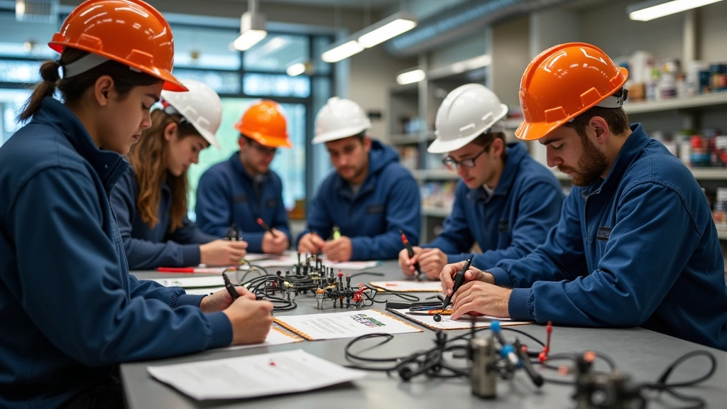 Diverse vocational students in safety equipment working on hands-on projects including electrical wiring, automotive diagnostics, and HVAC systems in contemporary technical lab