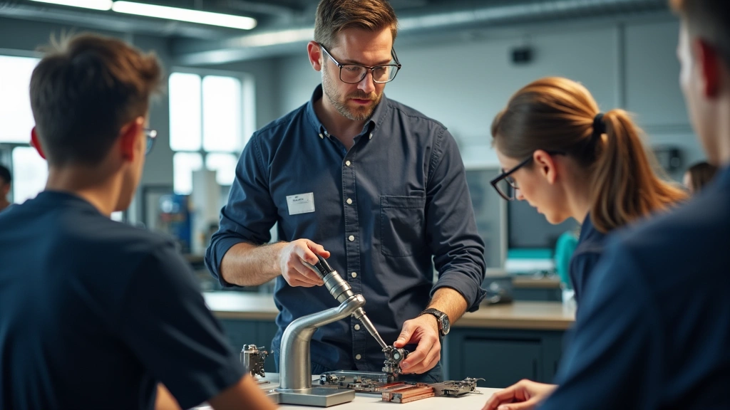 Professional instructor demonstrating advanced equipment to attentive vocational students in modern facility, emphasizing practical skill development and technical expertise