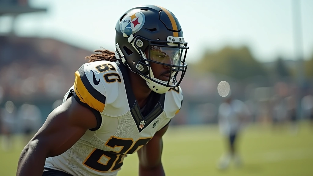 Professional football player wearing advanced protective gear and helmet, mid-action on field, photorealistic sports photography with natural lighting