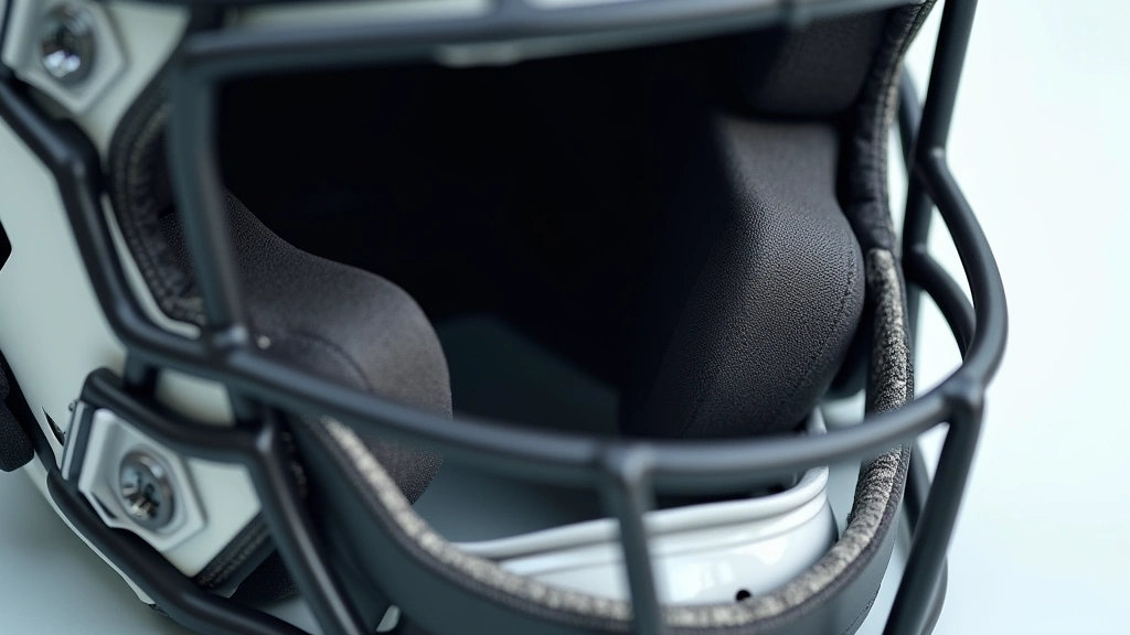 Close-up detail of modern football helmet interior padding and foam technology, showing multi-layer protective construction without visible text or logos