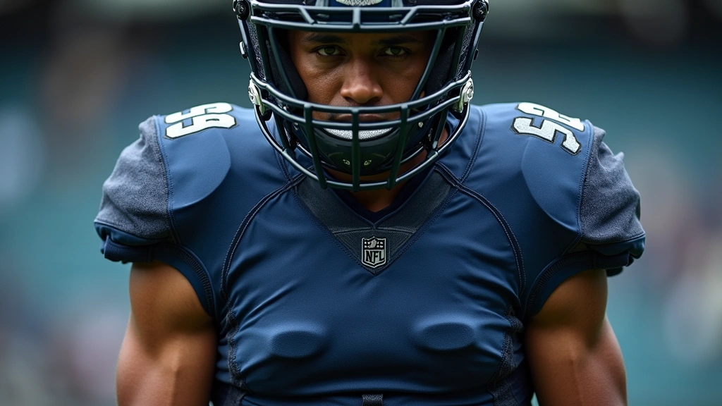 Football player demonstrating proper equipment fit with jersey and shoulder pads, showcasing moisture-wicking fabric technology and compression features in athletic context