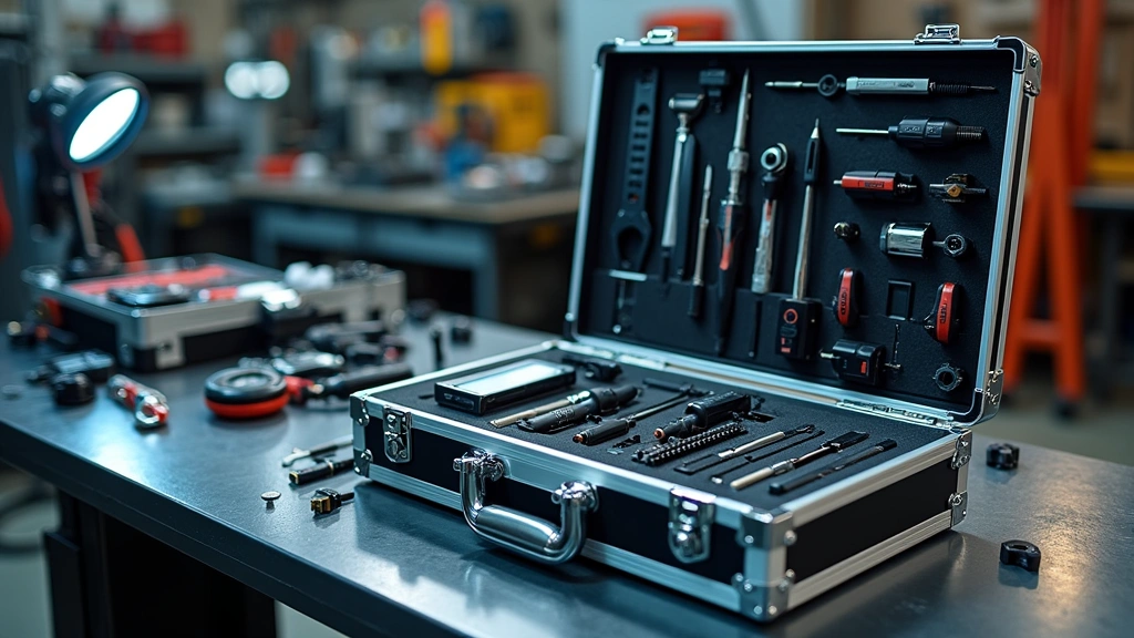 Professional aluminum tech tool box open with organized precision screwdrivers, diagnostic cables, and compartments, workshop lighting background, detailed interior organization visible