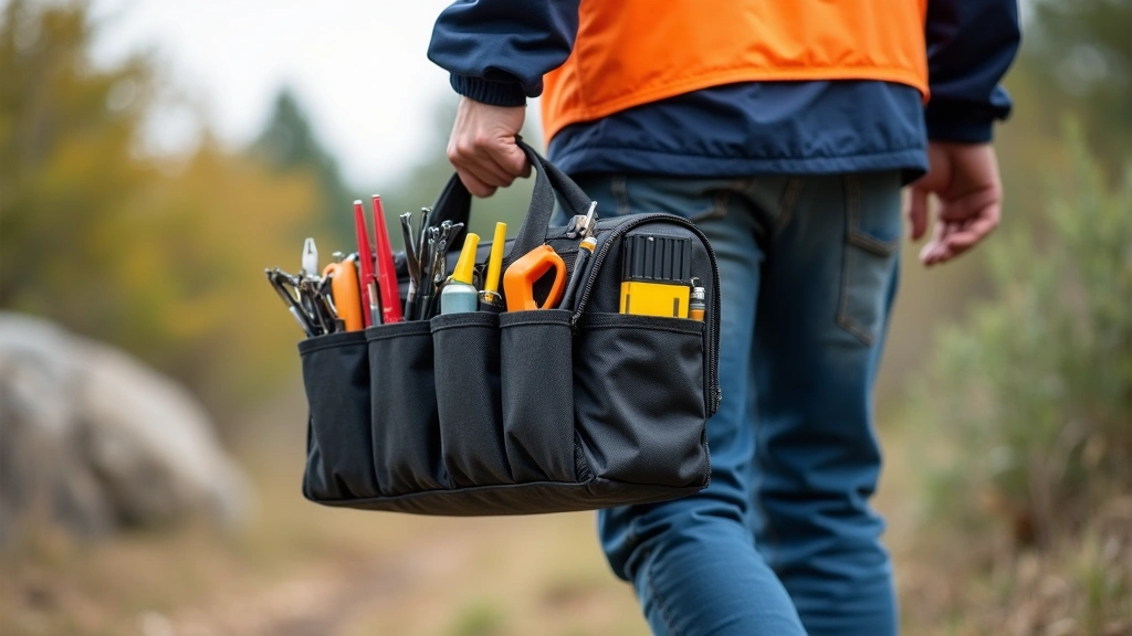 Field technician carrying lightweight portable tech toolkit while walking between job sites, modular components and organized pouches visible, natural outdoor lighting
