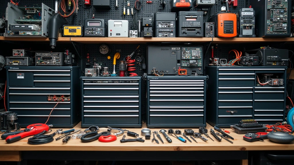 Organized tech workstation with multiple specialized tool boxes arranged by technical discipline, electronics repair tools, network cables, and computer components neatly compartmentalized