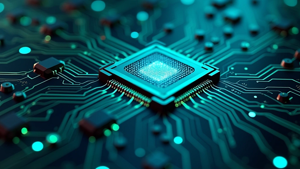 Close-up of advanced microchip with intricate circuitry patterns and glowing blue-green pathways, showing multiple processing cores and heat dissipation features, photorealistic detail, technology innovation concept