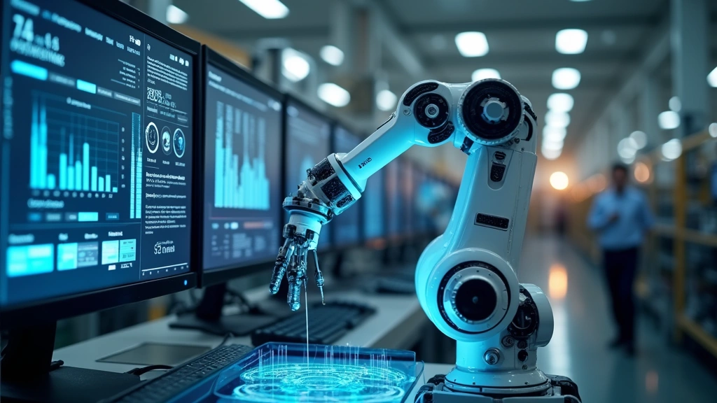 Industrial manufacturing facility with autonomous robotic equipment displaying real-time sensor data visualization, IoT integration, predictive maintenance systems, professional tech environment