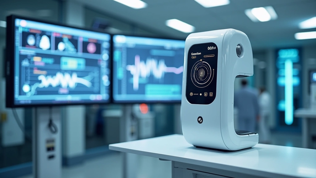 Modern healthcare diagnostic station with portable medical device showing advanced sensor integration, AI processing interface, sleek futuristic design, clinical setting with data visualization screens