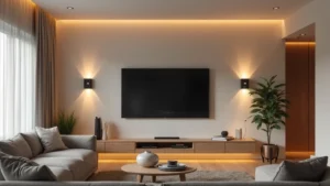 Modern minimalist living room with integrated smart home devices including voice speakers, smart lighting panels, and digital thermostat displays, warm ambient lighting, no visible text or logos
