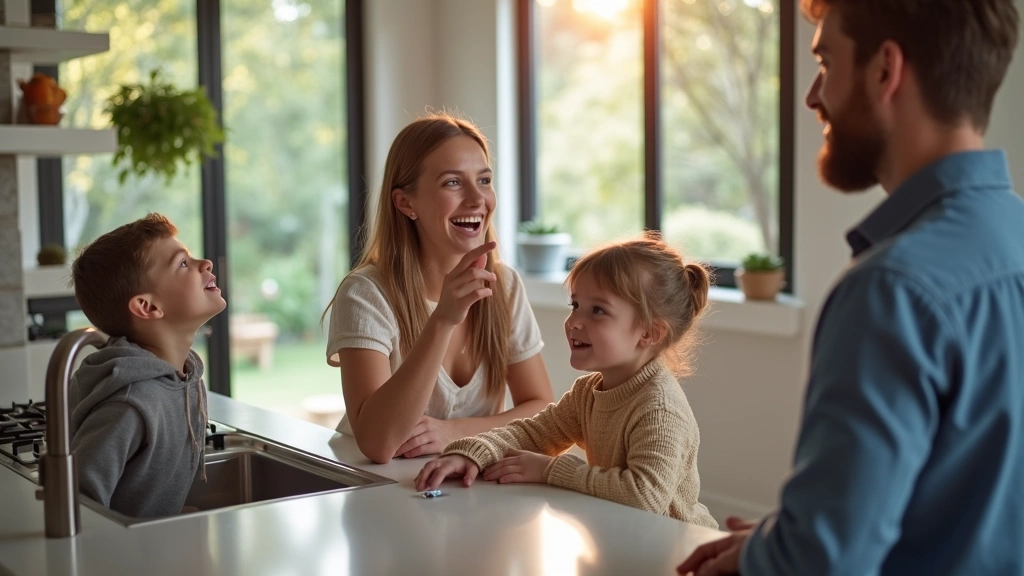 Family in contemporary kitchen interacting with smart home automation system, gesture control interface visible, natural daylight streaming through windows, candid lifestyle photography