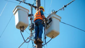 Professional cable technician in safety gear installing fiber optic cables on utility pole, wearing hard hat and vest, surrounded by cable management equipment, bright daylight, clear blue sky