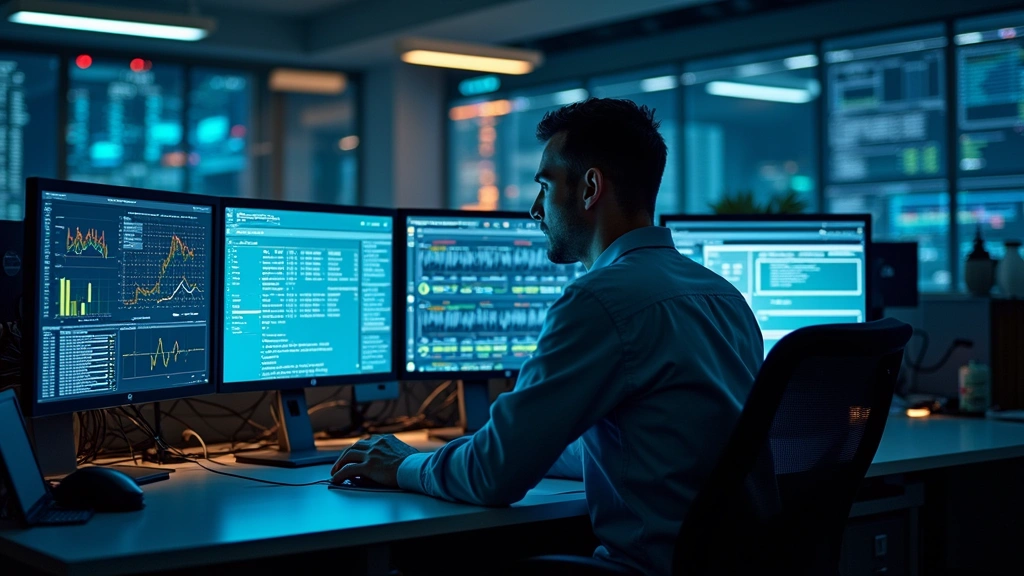 Network operations center with multiple computer monitors displaying real-time network metrics, technician at workstation analyzing data, professional office environment with ambient lighting, cables visible in background