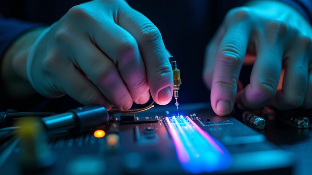 Close-up of fiber optic cable termination work, technician using precision tools and fusion splicer equipment, showing detailed technical craftsmanship, fiber optics glowing, professional workshop setting