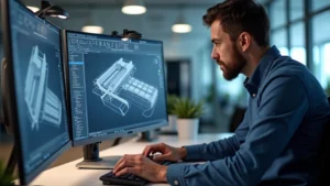Professional CAD engineer working at modern workstation with dual monitors displaying complex 3D product design models, wearing business casual attire in contemporary office environment