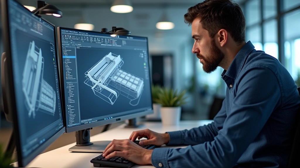 Professional CAD engineer working at modern workstation with dual monitors displaying complex 3D product design models, wearing business casual attire in contemporary office environment