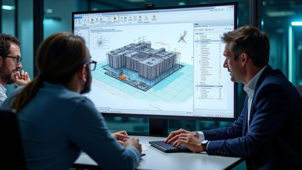 Experienced CAD technician collaborating with team members around large display screen showing advanced parametric design software interface with technical drawings and specifications