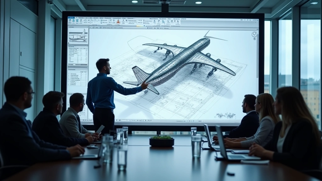 Senior CAD professional presenting design solutions in modern conference room with large interactive display showing aerospace engineering blueprints and 3D visualization models