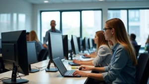 Modern vocational training classroom with students working at individual computer workstations, professional IT equipment visible, instructors assisting learners in bright well-lit space