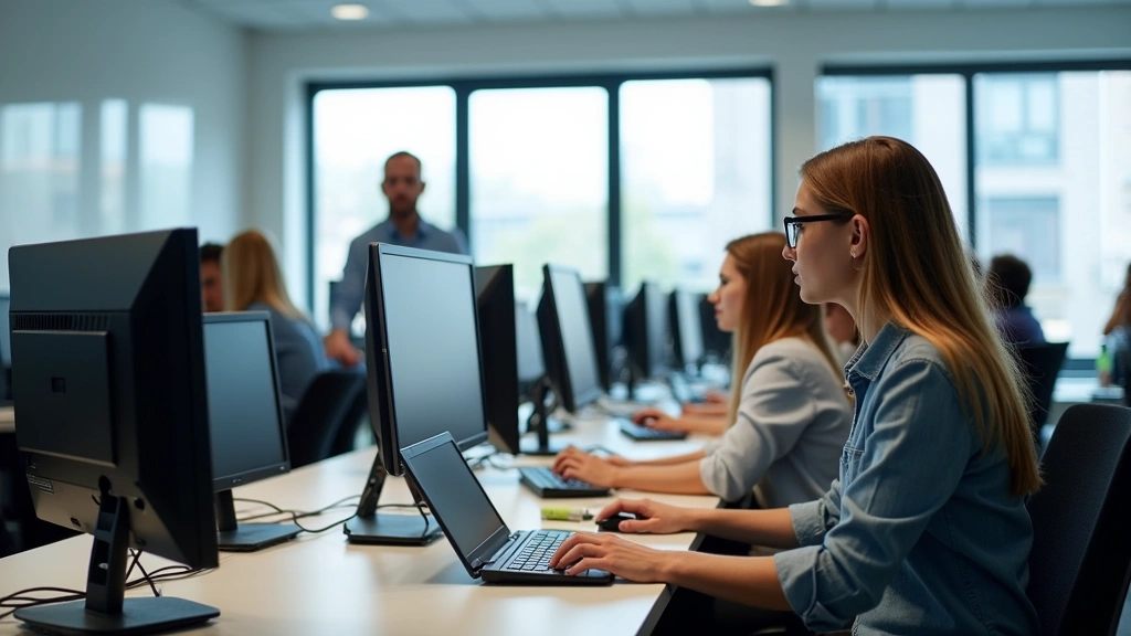 Modern vocational training classroom with students working at individual computer workstations, professional IT equipment visible, instructors assisting learners in bright well-lit space