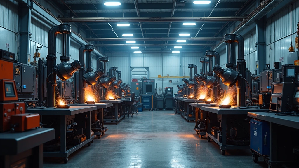 Professional welding workshop with multiple welding stations featuring state-of-the-art equipment, safety gear displayed, industrial workspace setup