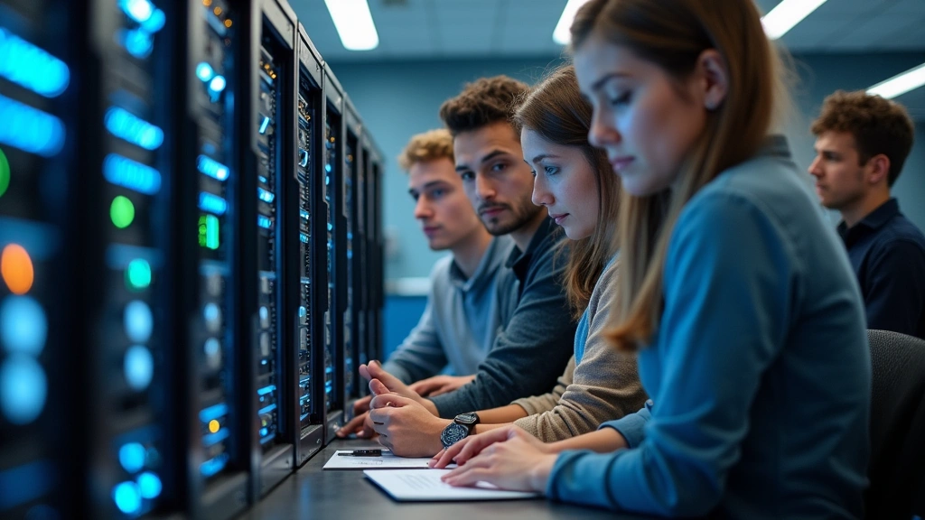 Diverse group of technical students in networking lab examining server equipment and network switches, collaborative learning environment with modern IT infrastructure
