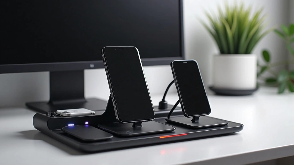 Sleek desktop caddy with multiple wireless charging pads, cable organizers, and smart LED indicators, featuring metallic and matte black design on modern workspace