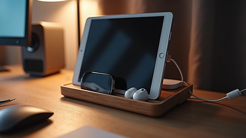 Minimalist home office setup with integrated caddy tech organizer holding smartphone, tablet, and earbuds, with cables neatly arranged and ambient lighting