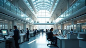 Modern university campus with cutting-edge science and engineering buildings, students collaborating with advanced laboratory equipment and computers, natural daylight streaming through glass architecture, professional photography style