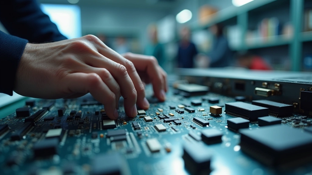 Close-up of hands working on complex electronic circuitry and computer hardware components on a clean workbench, with blurred academic environment background, detailed technical precision, professional lighting