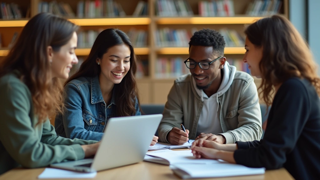 Group of diverse students in a modern library or study space surrounded by advanced technology, laptops, and research materials, engaged in collaborative learning, warm academic atmosphere, candid documentary style